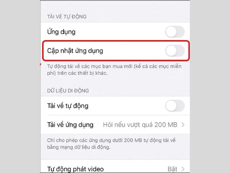 tắt chế độ tự động cập nhật ứng dụng