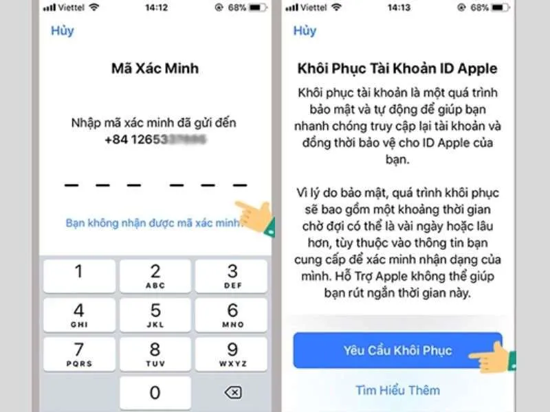 Nhấn vào lệnh yêu cầu khôi phục tài khoản