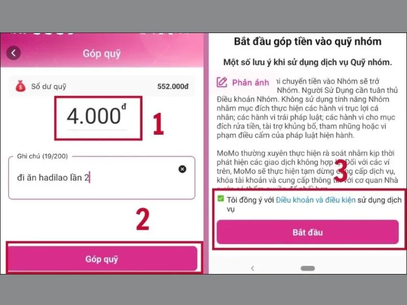 Nhập số tiền và đồng ý điều khoản