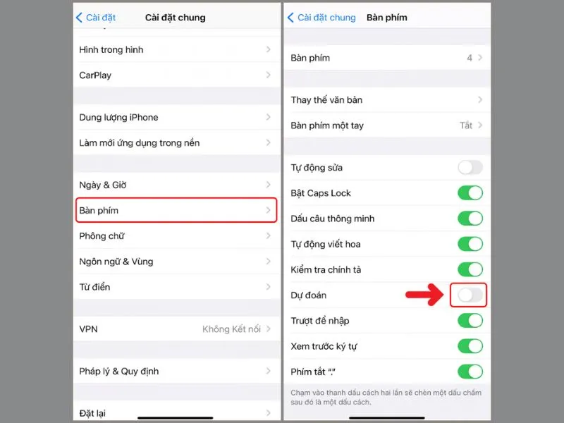 Chọn mục bàn phím > Dự đoán