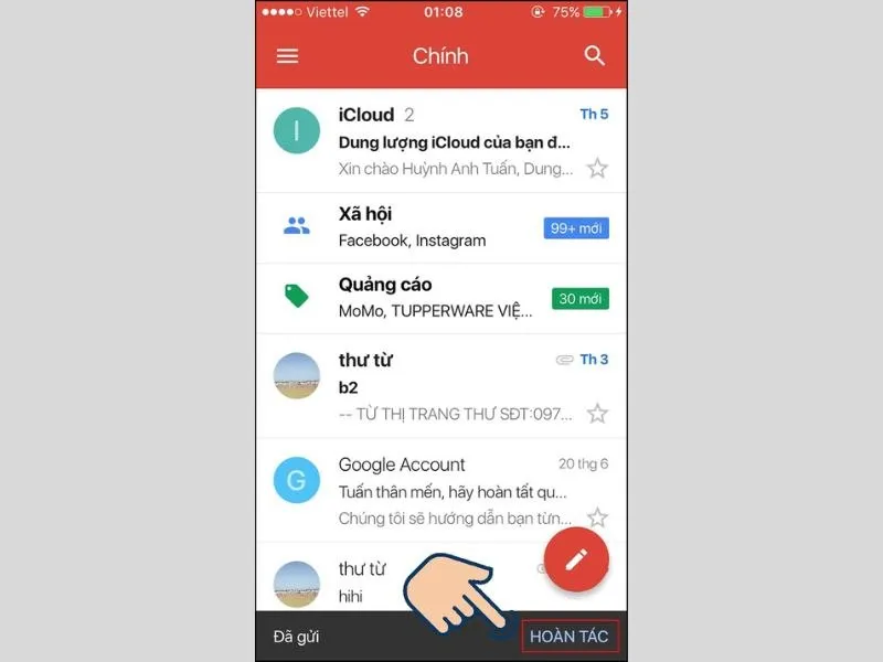 Hoàn tác để thu hồi thư đã gửi
