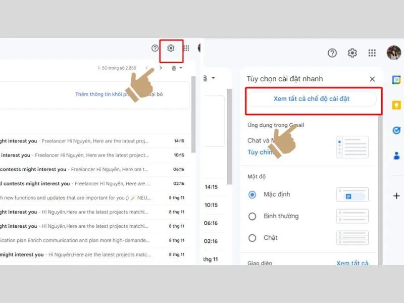 Hiển thị các chế độ của cài đặt Gmail