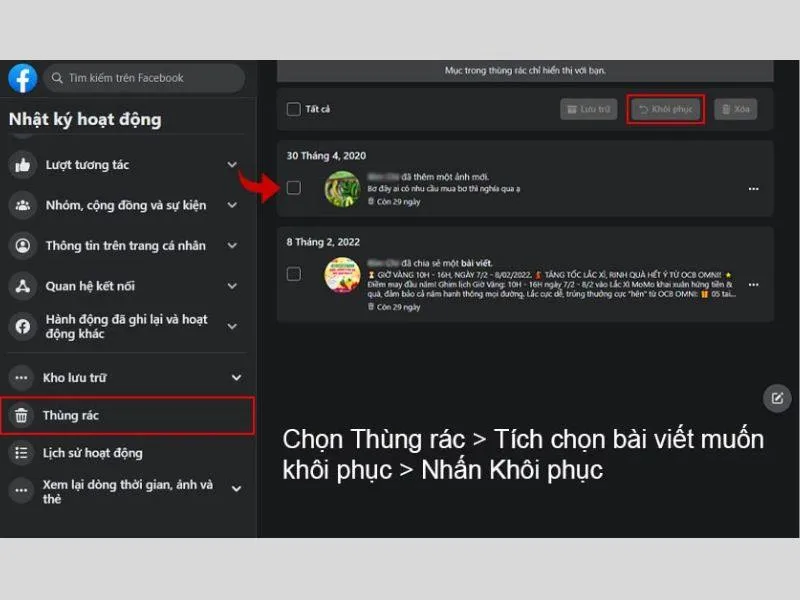 Kích chọn vào mục Thùng rác để nhìn thấy các hoạt động đã xóa