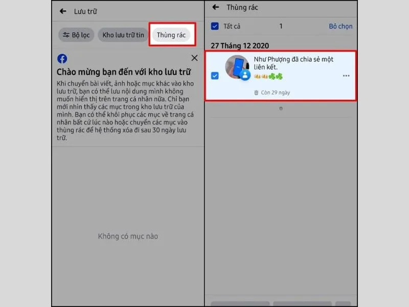 Bấm chọn vào bài viết muốn khôi phục