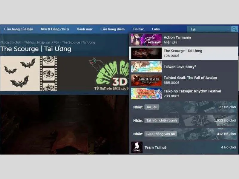 Tìm kiếm tên của tựa game trên Steam