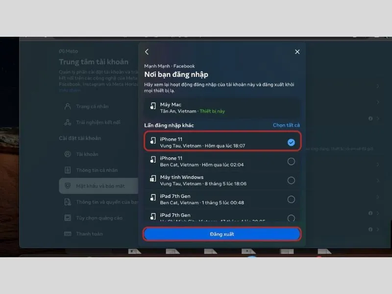 Danh sách thiết bị đăng nhập trên Facebook của bạn