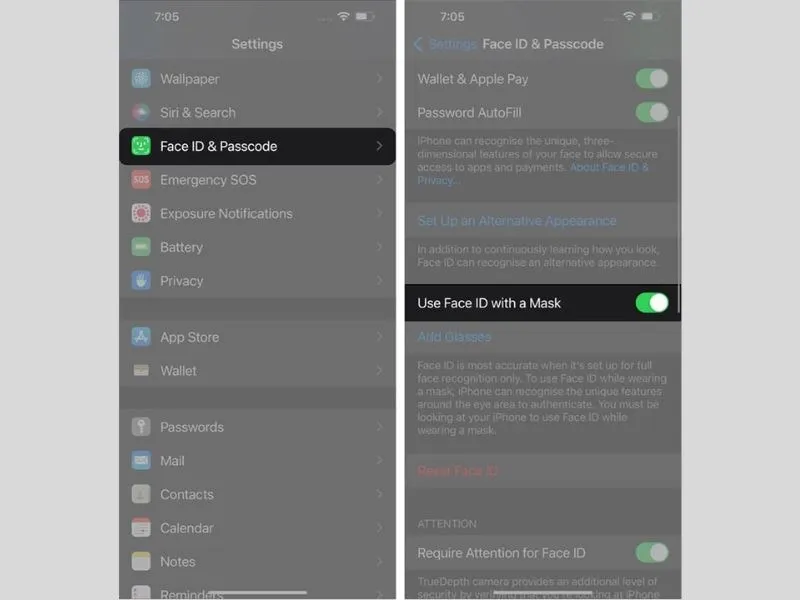 Đặt lại một số cài đặt trước khi thêm Face ID