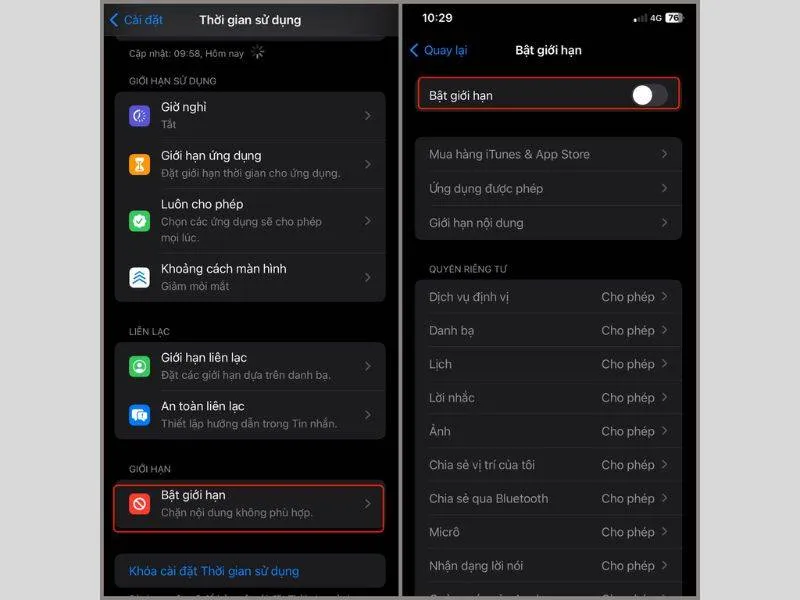 Tắt tính năng giới hạn trên iPhone