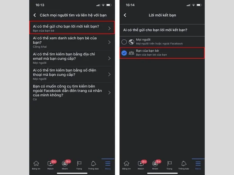 Giới hạn đối tượng có thể gửi lời mời kết bạn