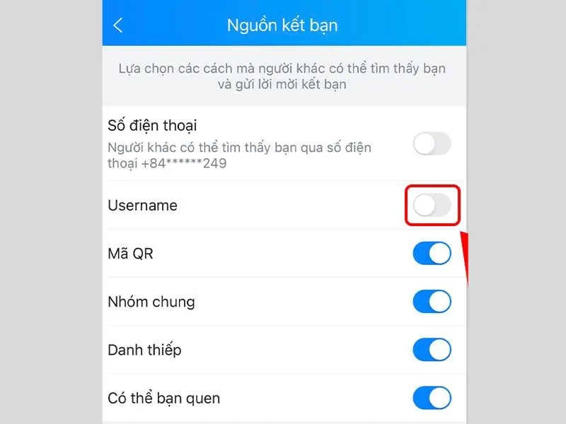 Gạt thanh công tắc sang màu xám (chế độ OFF) để dùng Cách chặn kết bạn Zalo