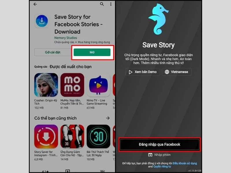 Đăng nhập tài khoản Facebook trên Save Story