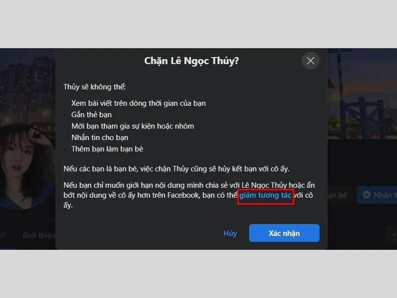 Chọn tính năng giảm tương tác như trên giao diện