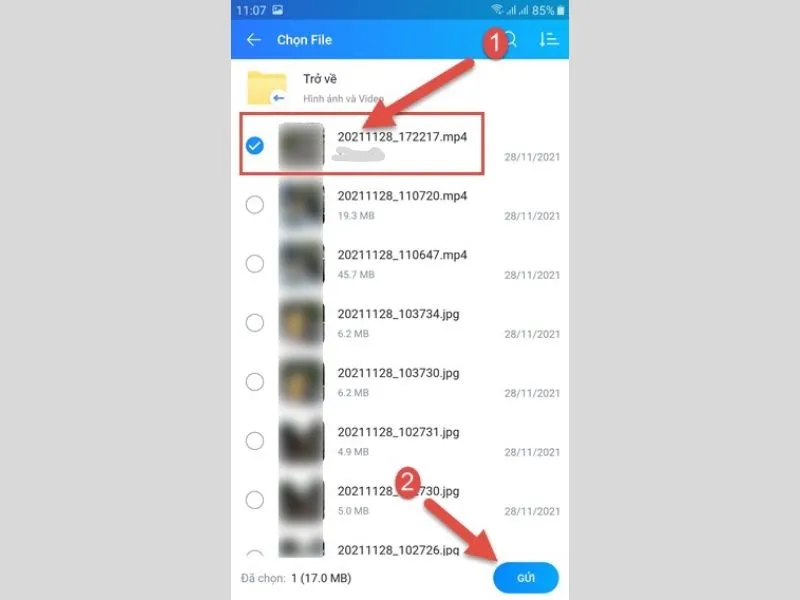 Chọn video và gửi đi