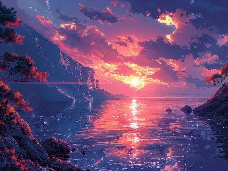 Hình nền hoàng hôn anime thơ mộng trên biển