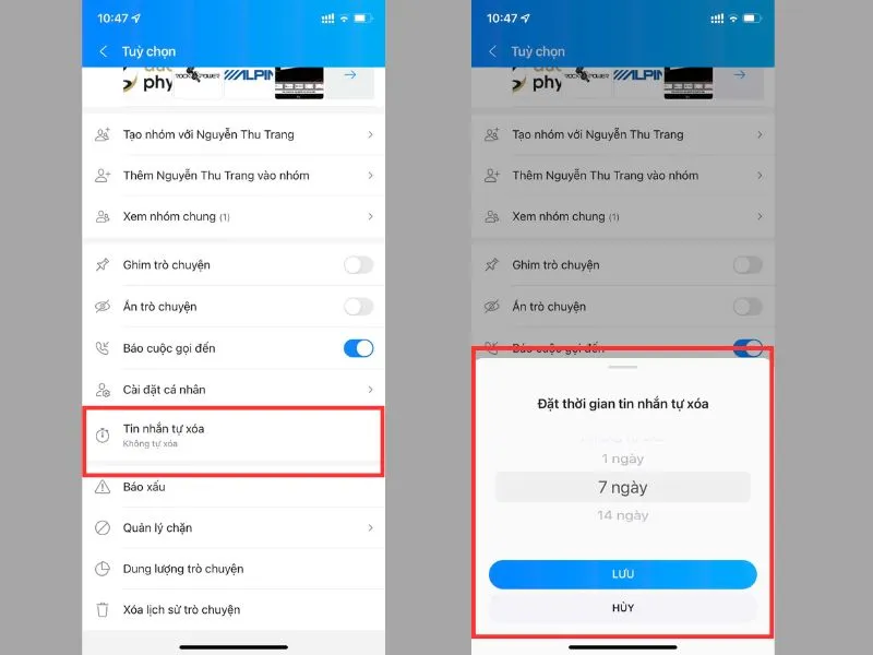 Tìm mục tin nhắn tự xóa để cài đặt