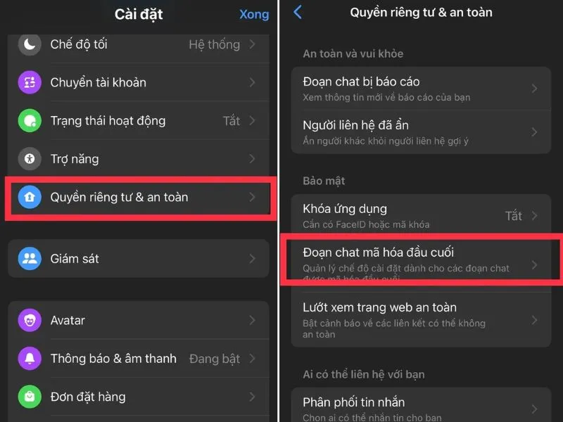 Nhấn chọn mục Đoạn chat mã hóa đầu cuối trên iPhone