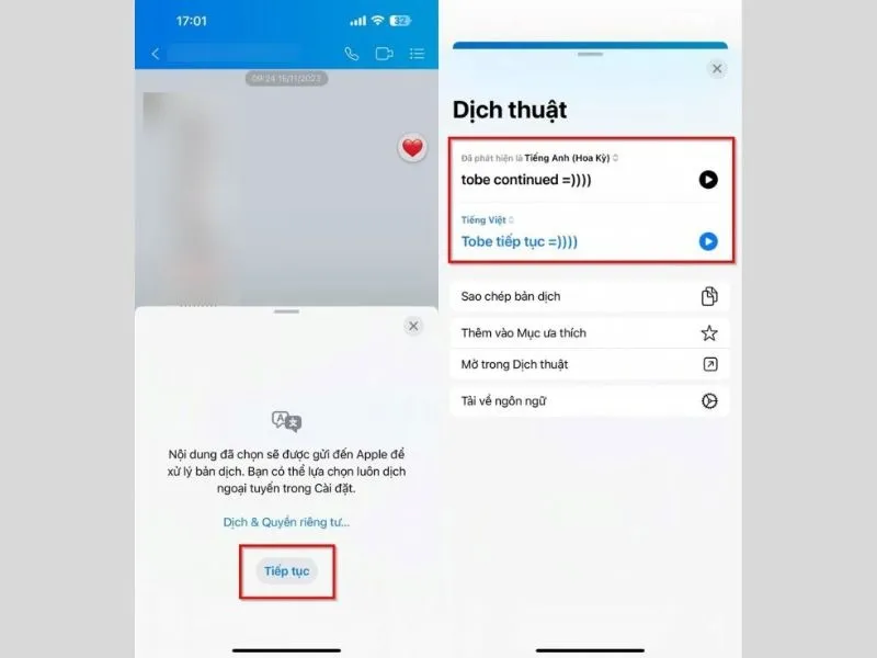 Dịch tin nhắn bằng văn bản thành công trên Zalo