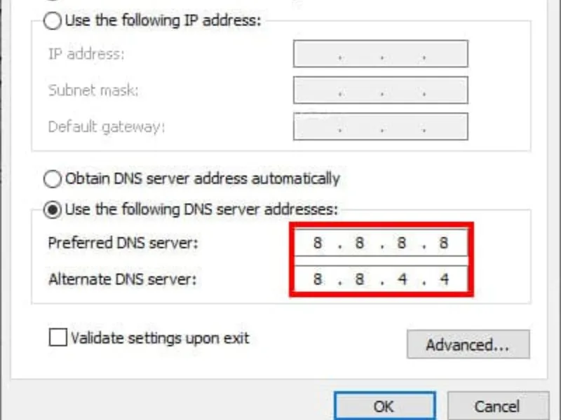 Thay đổi sang DNS công cộng như Google DNS (8.8.8.8 và 8.8.4.4)