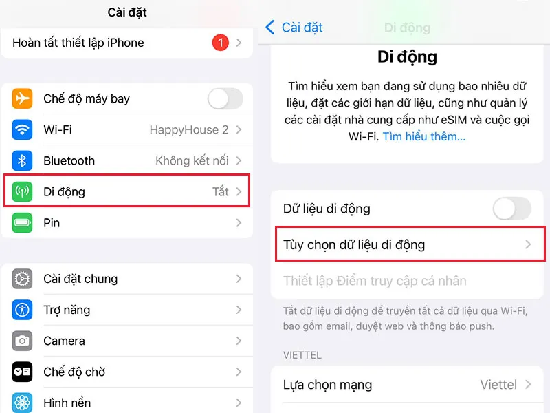 Vào Cài đặt chọn Di Động để Tùy chọn dữ liệu di động phù hợp