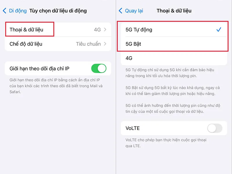 Thay đổi chế độ dữ liệu ở mục Thoại & dữ liệu sang 5G