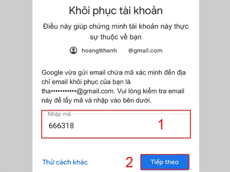 Nhập mã xác minh để khôi phục tài khoản