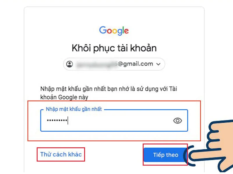 Nhập mật khẩu để xác thực khôi phục tài khoản Gmail