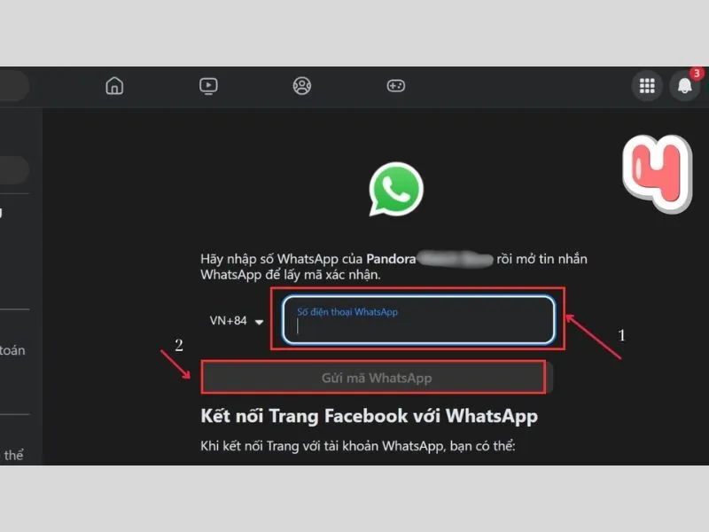 Nhập số điện thoại Liên kết WhatsApp với Facebook thành công