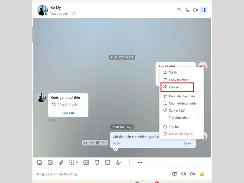 Chọn tin nhắn và nhấn chia sẻ để gửi