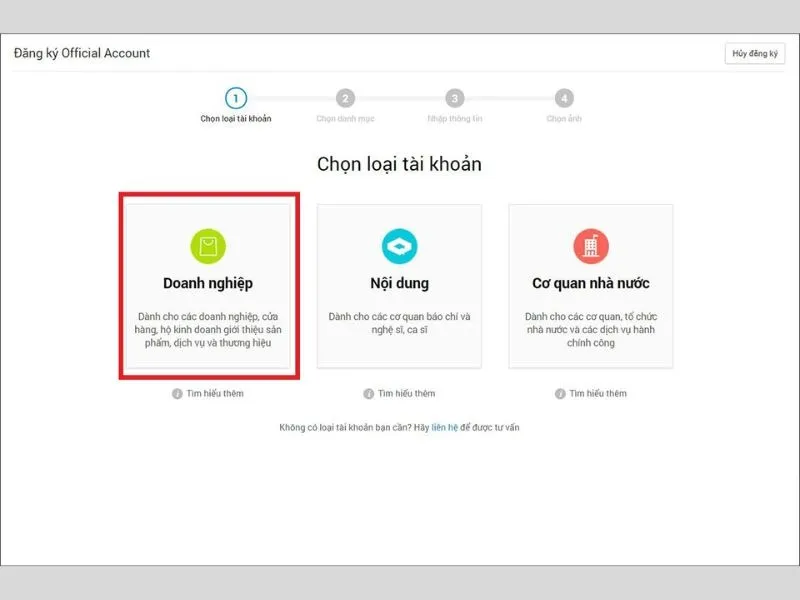 Chọn loại hình cho tài khoản