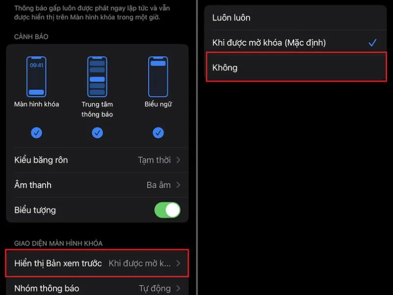 Nhấn chọn Không để khóa tin nhắn trên màn hình iPhone