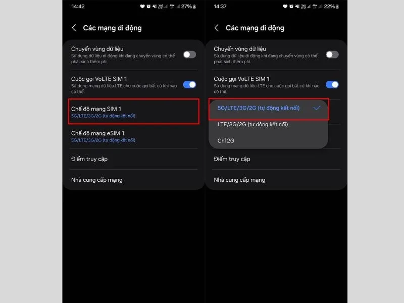 Bật tùy chọn 5G 
