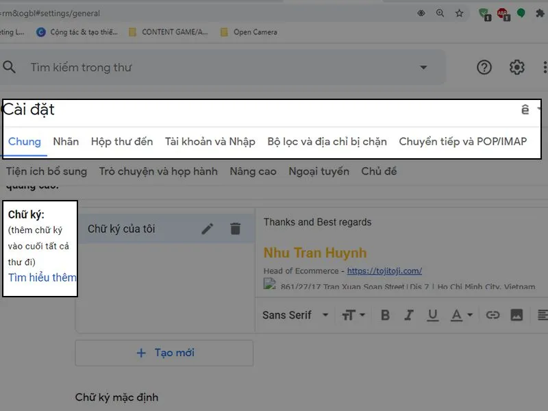 Chọn thêm chữ ký trên Gmail