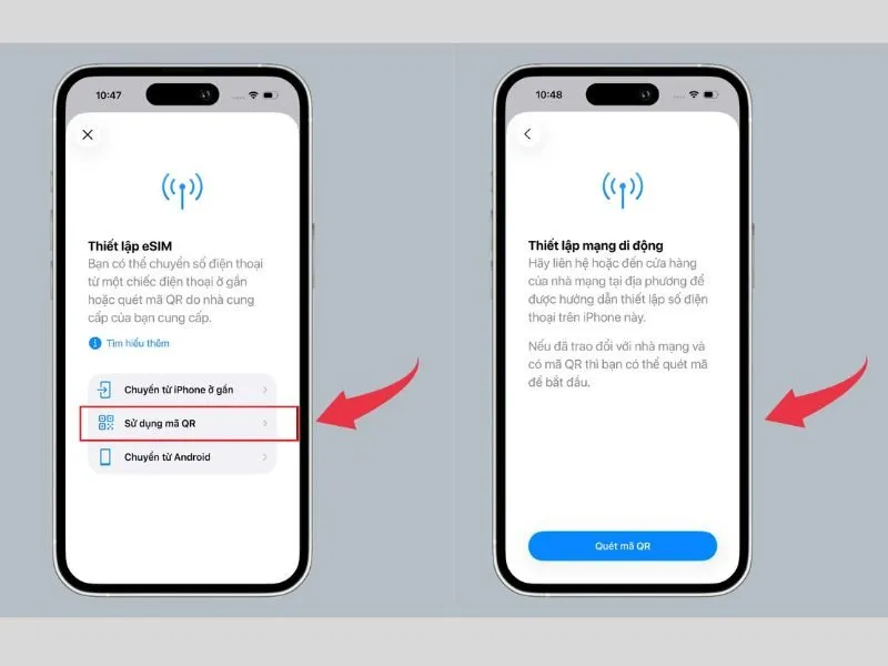Chọn QR là cách cài eSIM trên iPhone 17 Pro Max