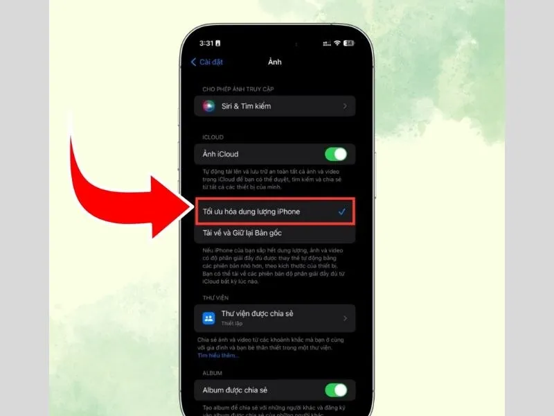 Bật tối ưu dung lượng iPhone để giảm dung lượng ảnh