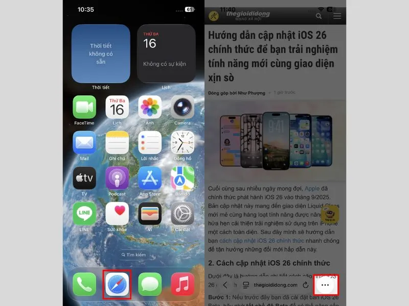 Truy cập ứng dụng Safari trên iPhone