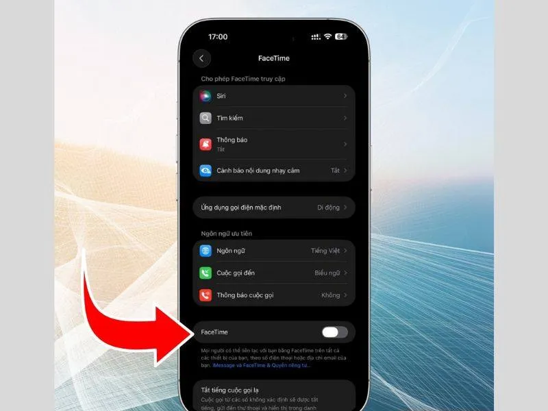 Mở cài đặt Facetime