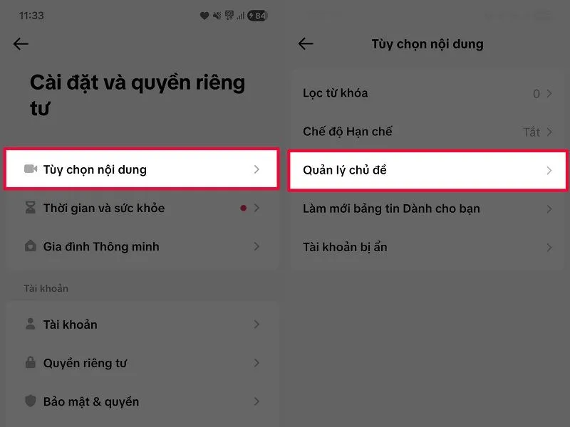 Truy cập Tùy chọn nội dung