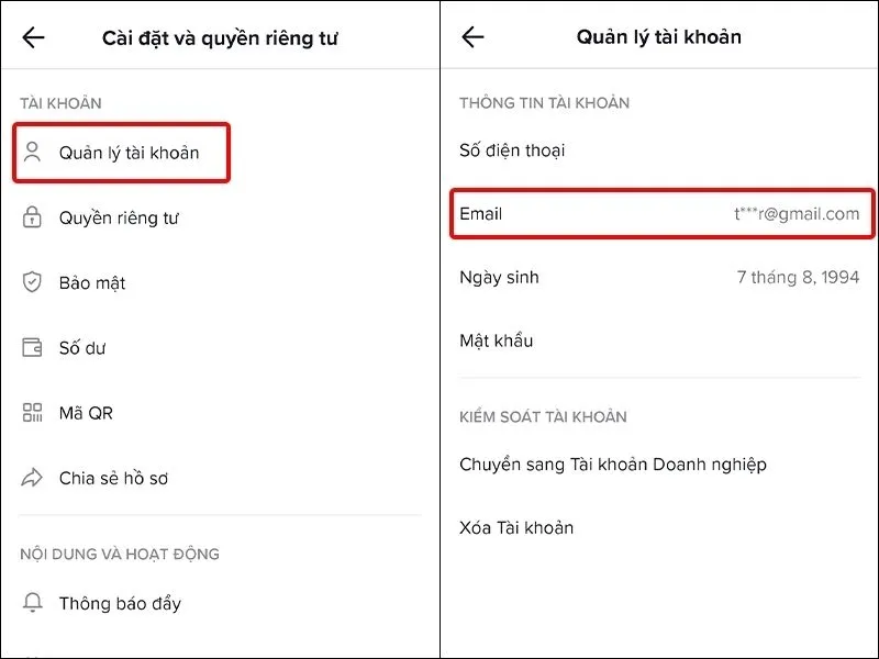 Vào Quản lý tài khoản để kiểm tra email đang đăng ký