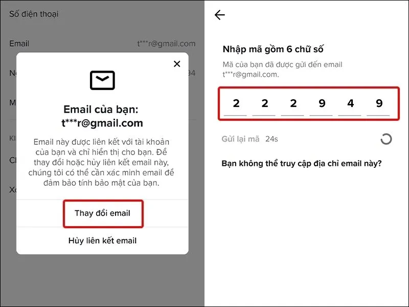 Vào Thay đổi email để tiến hành cập nhật email mới