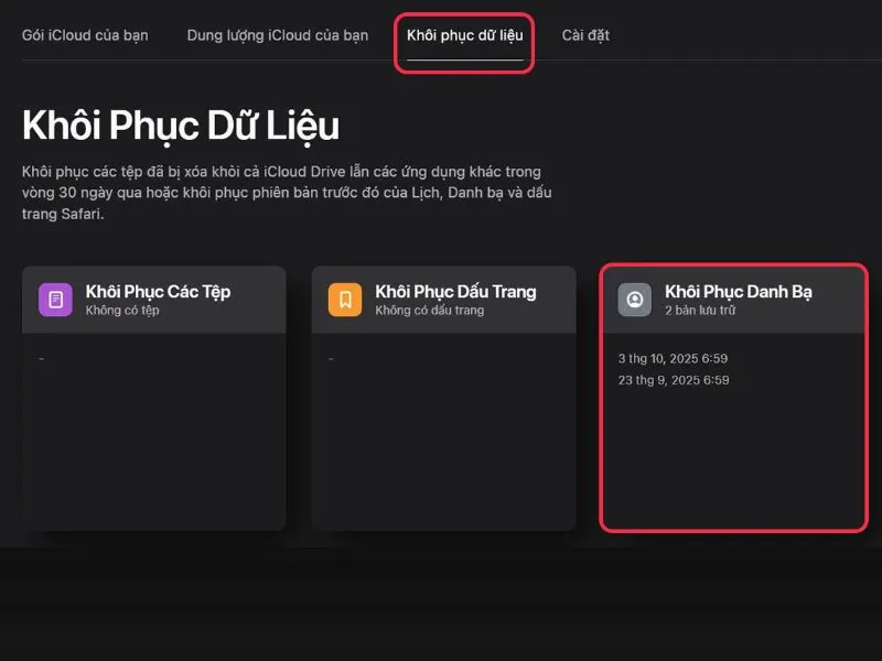 Nhấn chọn mục Khôi phục danh bạ