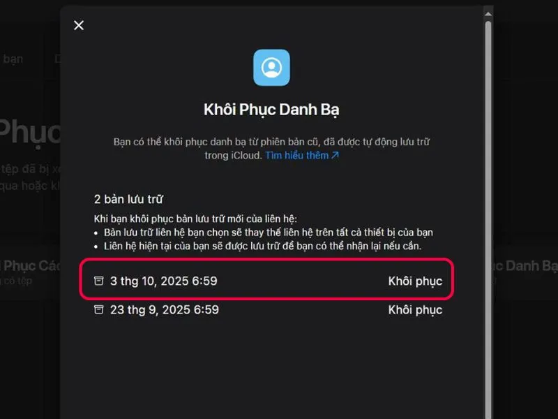  Chọn bản sao lưu gần nhất 