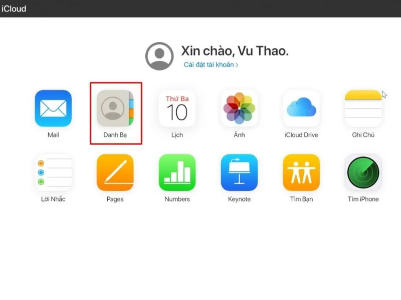 Chọn mục Danh bạ trên iCloud