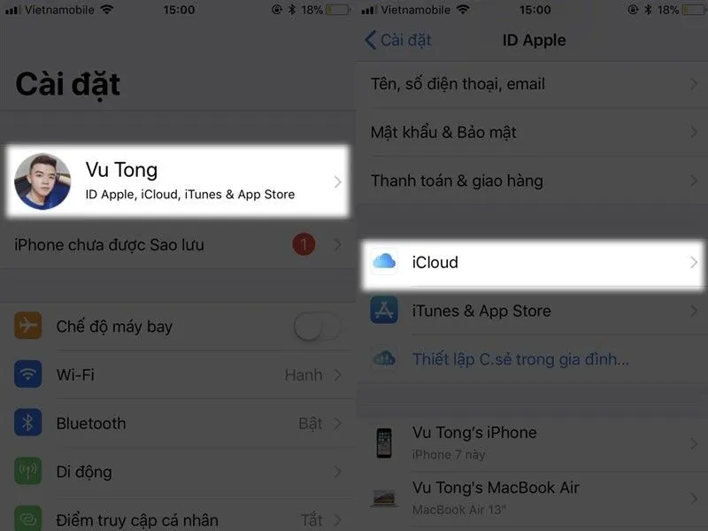 Tại thông tin tài khoản Apple ID nhấn chọn iCloud