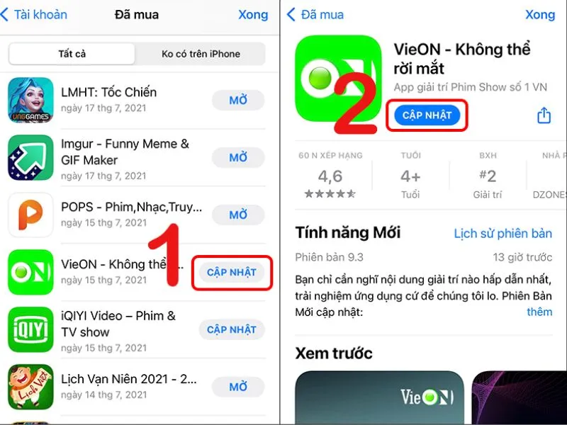 Cập nhật ứng dụng và ios