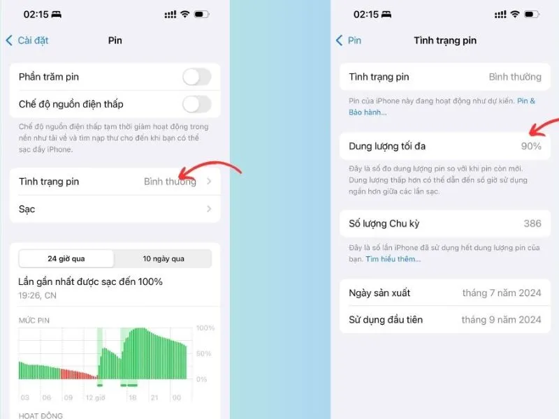 Kiểm tra dung lượng và tối đa pin