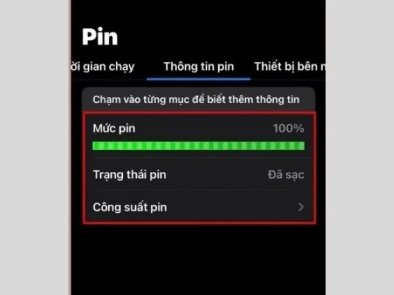 Thông tin về Pin sẽ hiển thị chi tiết