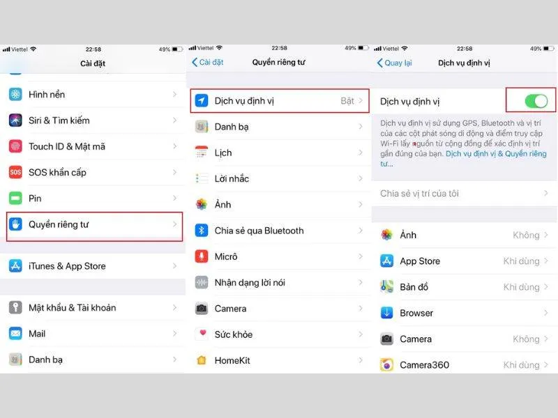Tắt định vị khi hiệu chỉnh Pin iPhone