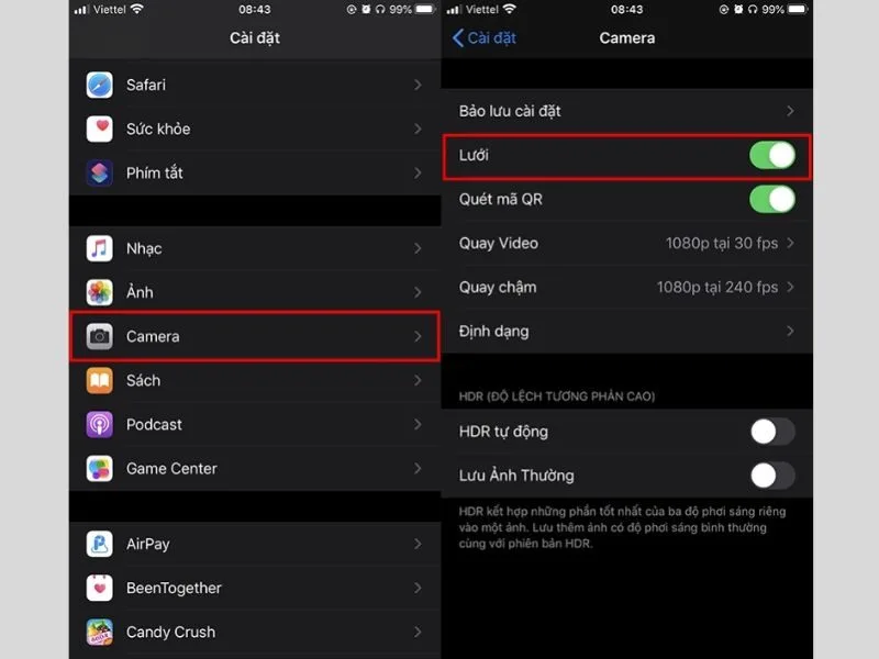Bật lưới để dễ căn chỉnh khung hình khi chụp