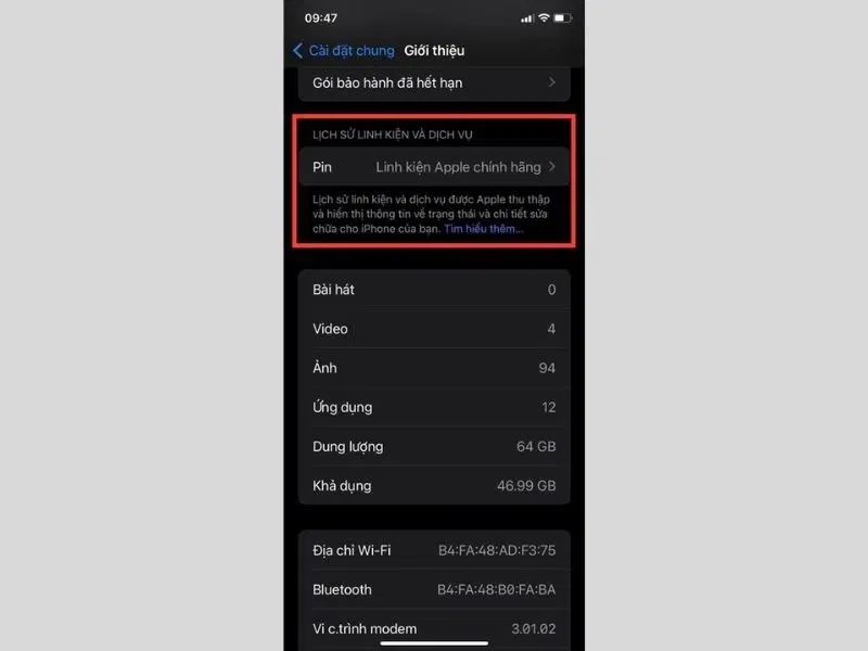 Hiển thị các linh kiện từng thay thế trên iPhone