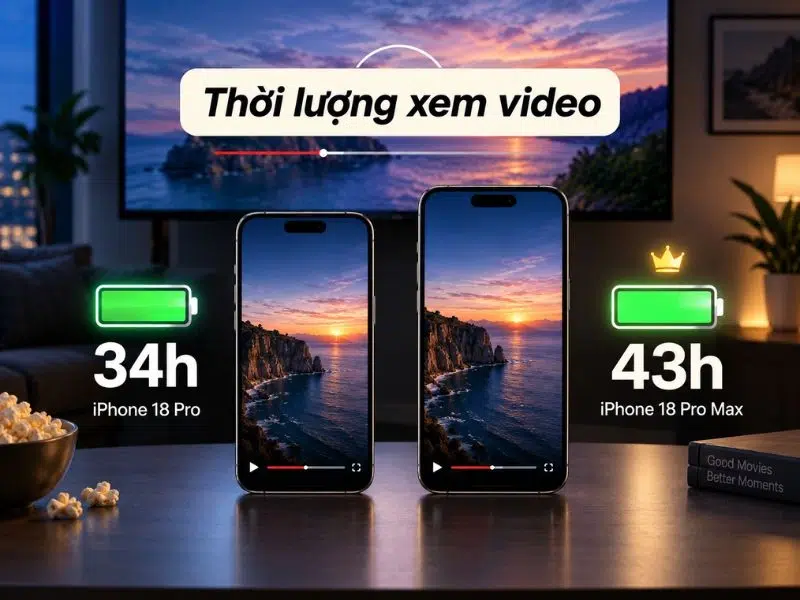 Thời lượng xem video iPhone 18 Pro Max đạt 43 giờ, iPhone 18 Pro khoảng 34 giờ